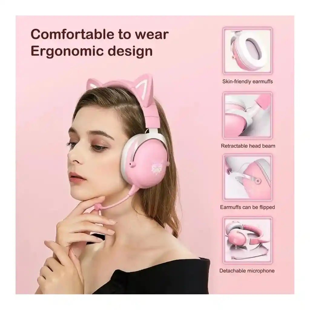Auriculares Gamer Inalámbricos Onikuma B20 B100 Rosa Con Luz Led