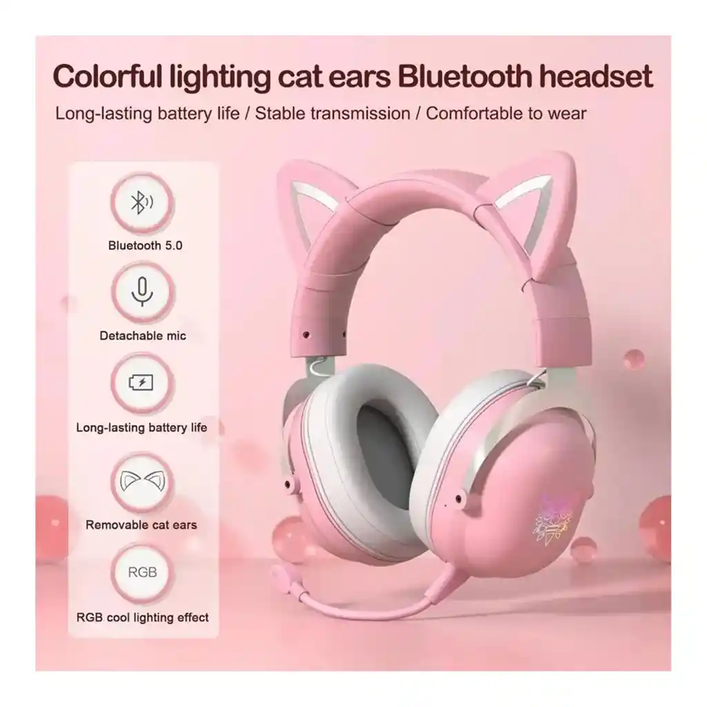 Auriculares Gamer Inalámbricos Onikuma B20 B100 Rosa Con Luz Led
