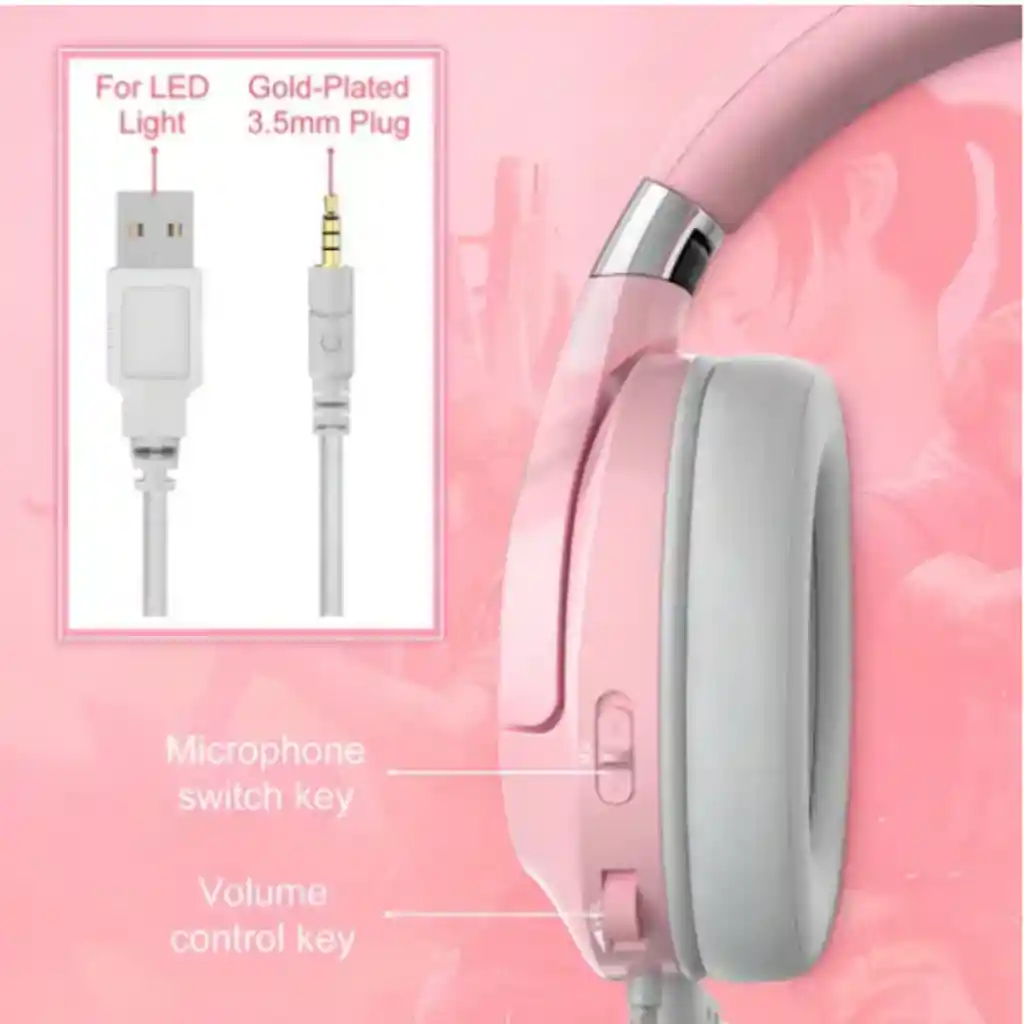 Audifonos Diadema Gamer Onikuma K15 Rosados Con Luz Rgb Led Color Rosa