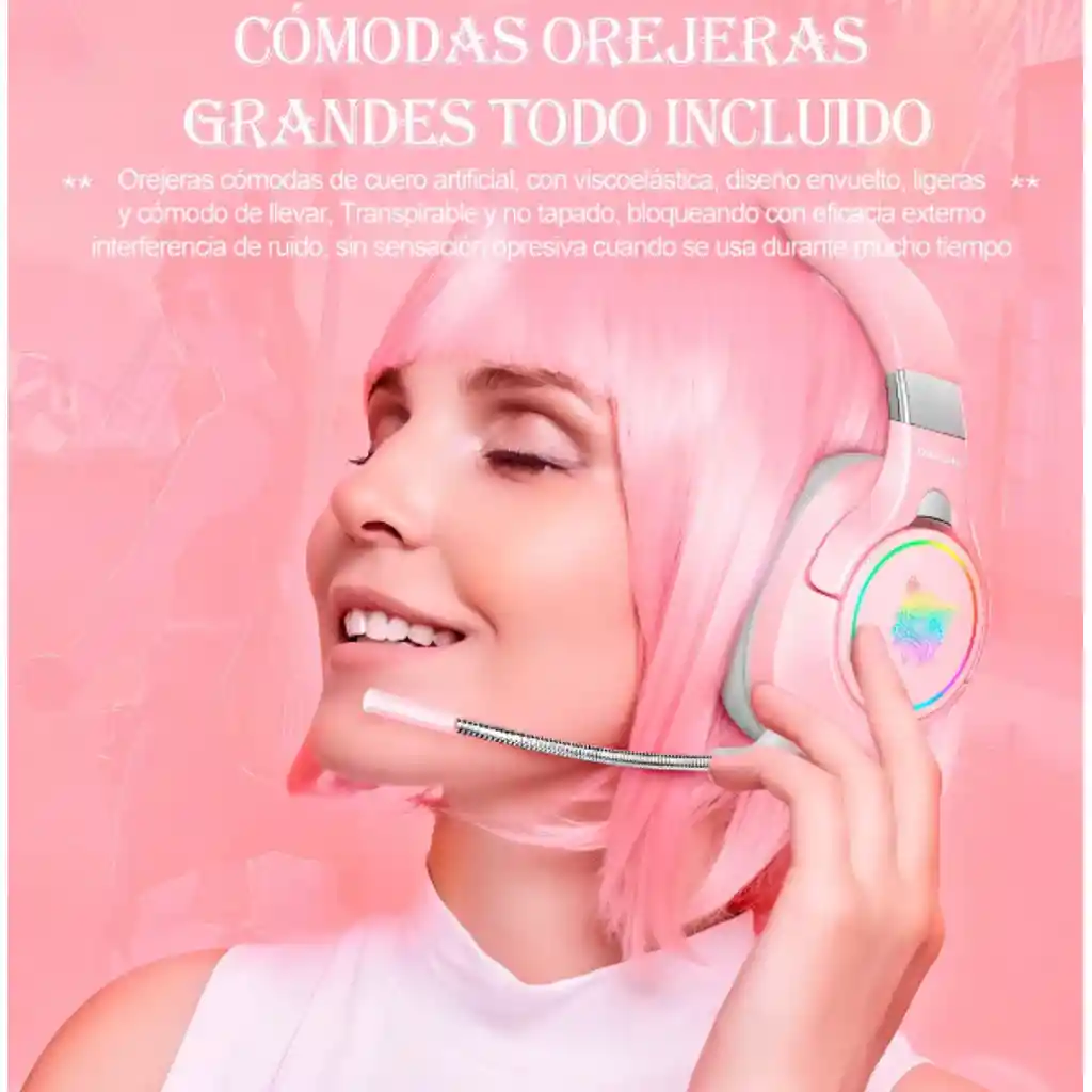 Audifonos Diadema Gamer Onikuma K15 Rosados Con Luz Rgb Led Color Rosa