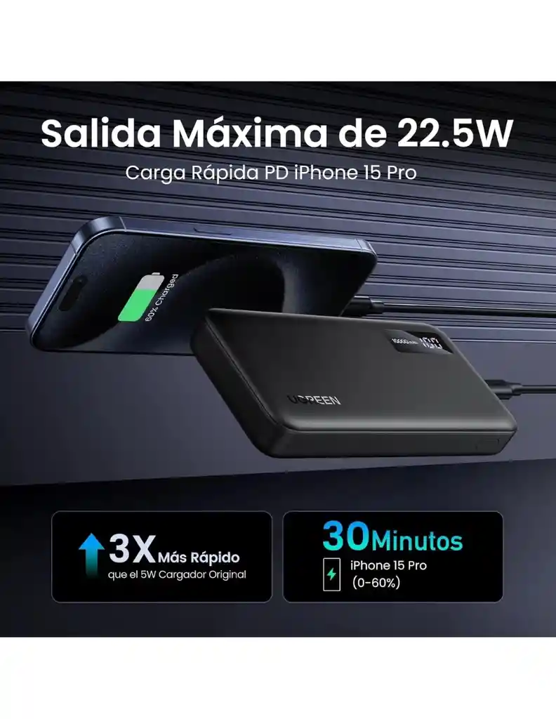 Power Bank Ugreen 10,000mah Usb C 20w Con Pantalla Led Negro