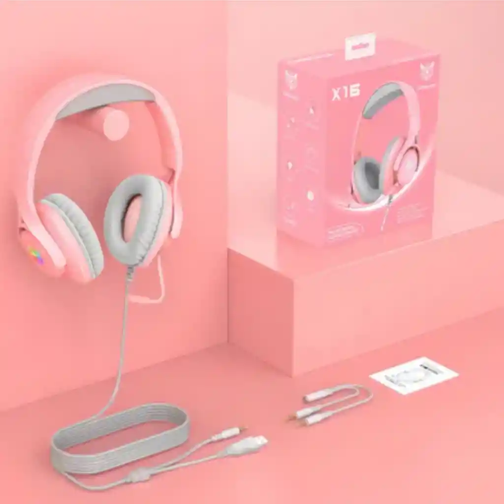 Audifonos Diadema Gamer Onikuma X16 Rosados Con Luz Rgb Led
