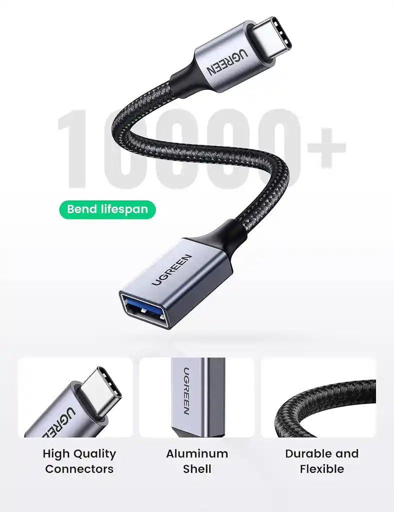 Cable Adaptador Ugreen Usb-c A Usb 3.0 Otg De Nailon, 15 Cm, Color Gris Y Negro