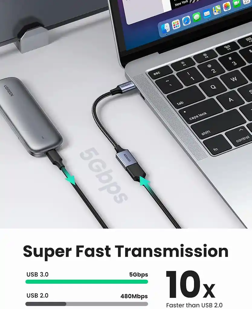 Cable Adaptador Ugreen Usb-c A Usb 3.0 Otg De Nailon, 15 Cm, Color Gris Y Negro