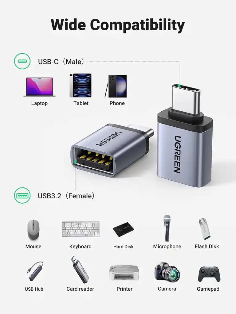 Adaptador Usb C A Usb A 3.o Hembra, Ugreen Color Plateado