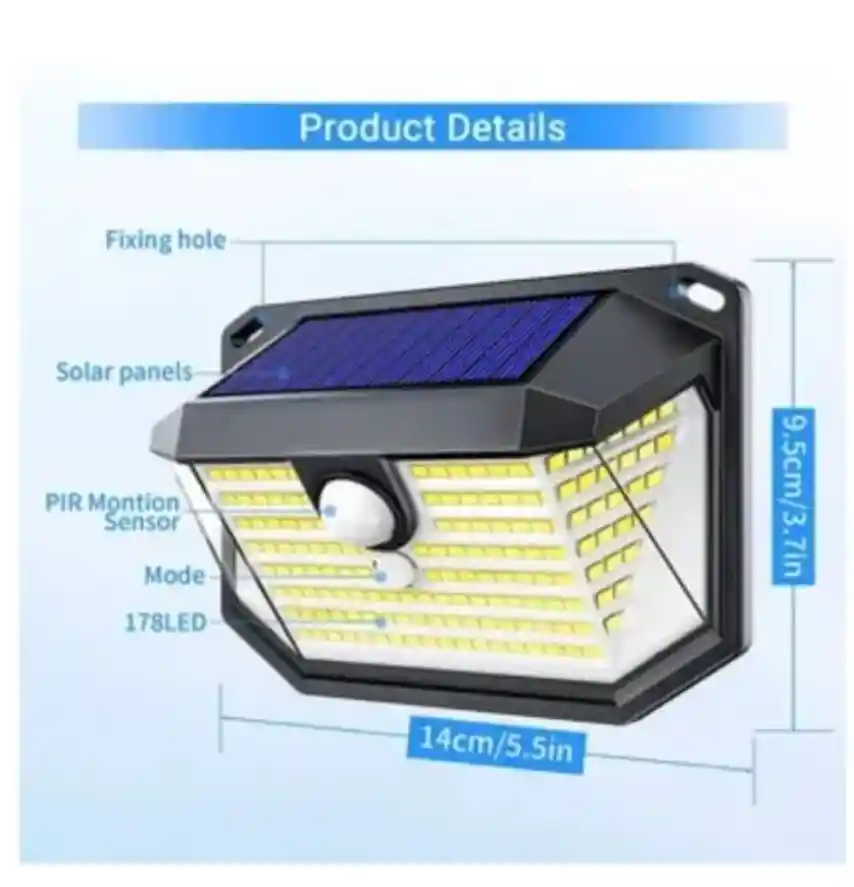 Lampara Solar Led Exterior Pared Sensor Movimiento