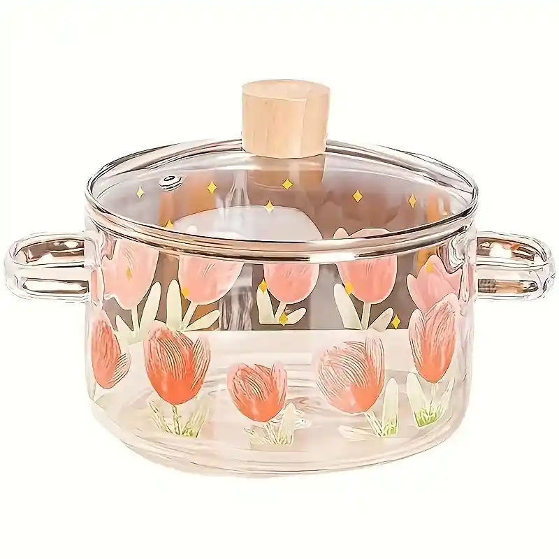 Olla Antiadherente En Vidrio Rígido, Resistente A Altas Temperaturas, Diseño De Flores