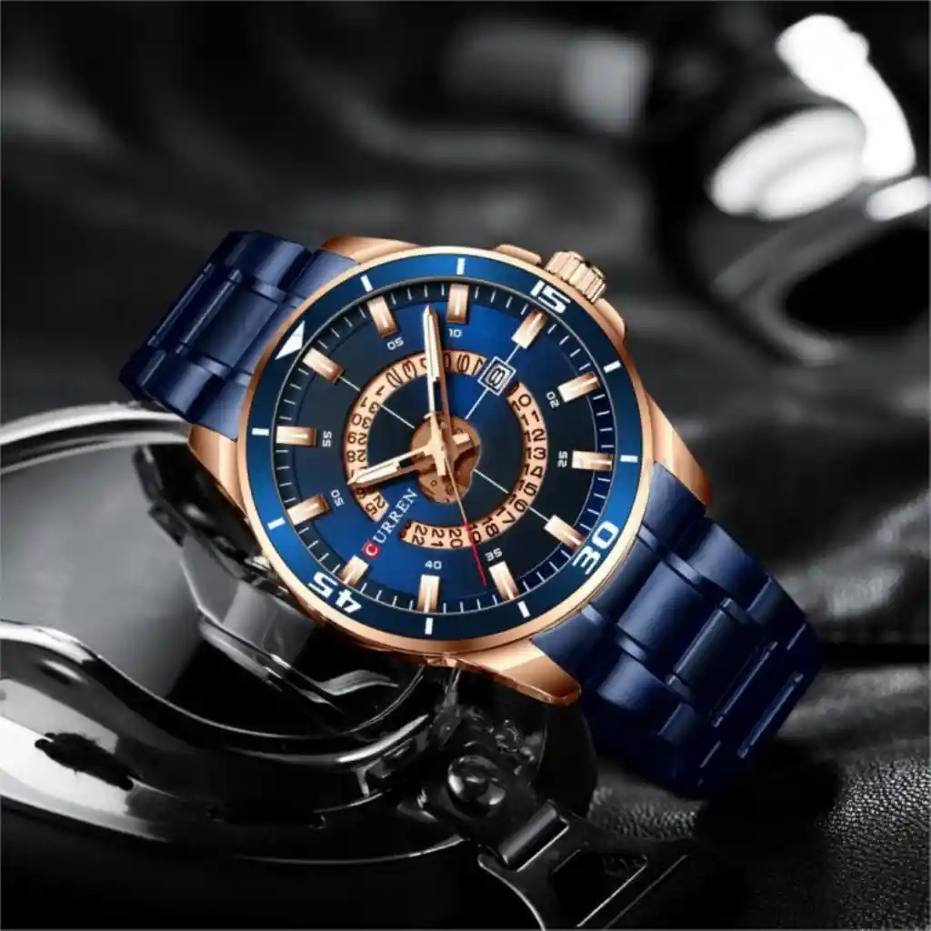 Reloj Análogo Curren Original Krec7803 Para Hombre Acero Color Azul Y Dorado
