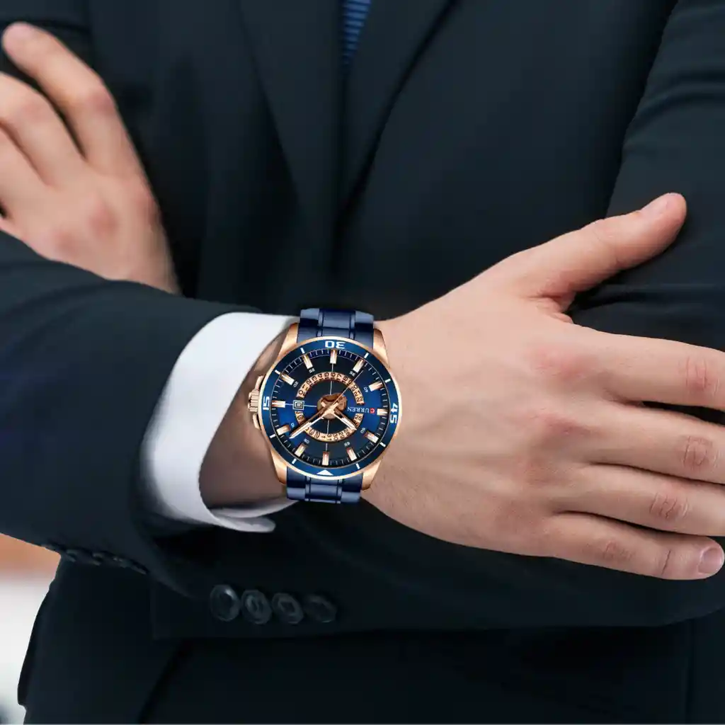 Reloj Análogo Curren Original Krec7803 Para Hombre Acero Color Azul Y Dorado