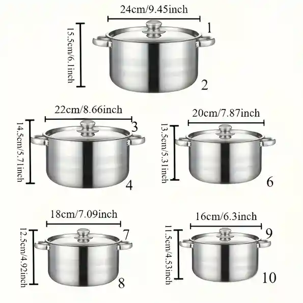 10 Piezas De Juego De Cocina De Acero Inoxidable, Adecuado Para Hornos De Inducción, Ideal Para Cocinar En Casa Y En Restaurantes De Manera Saludable.