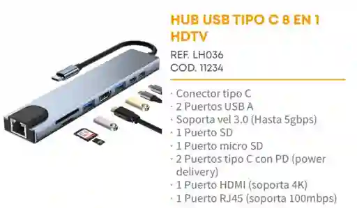Hub Usb Tipo 6 - 8 En Uno Hdtv
