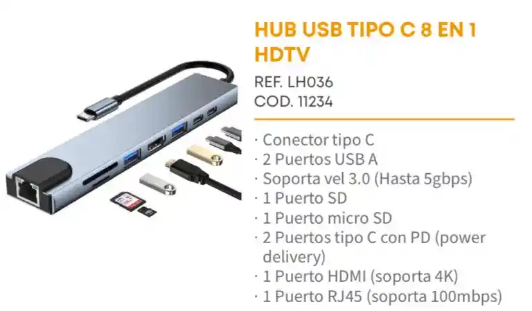 Hub Usb Tipo 6 - 8 En Uno Hdtv
