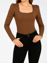 Body Para Mujer Escote Cuadrado Manga Bombacha - Bianco Mocca S