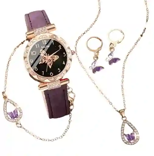 Kit Reloj Mariposa Para Mujer + Juego De Collar Aretes