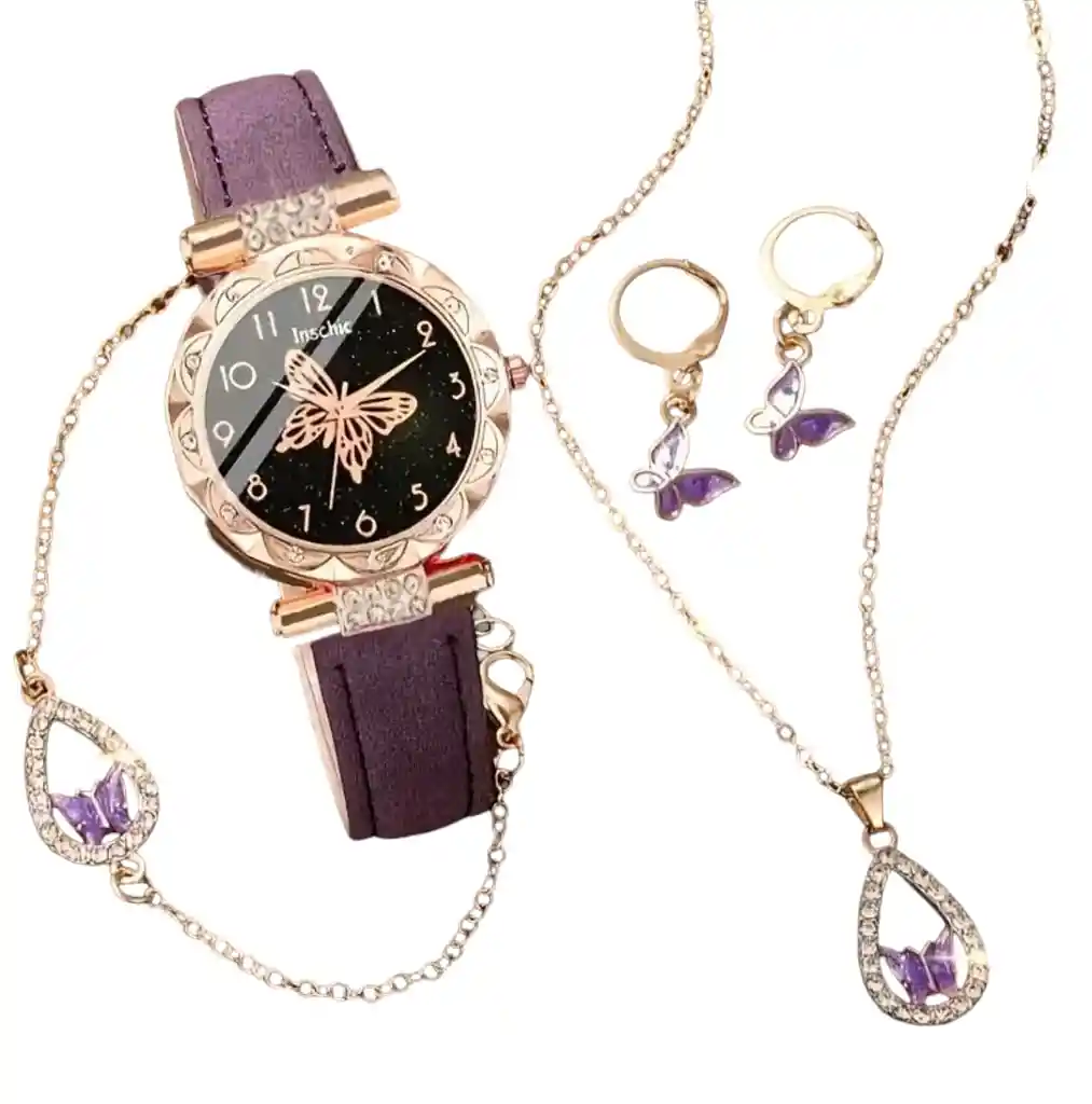 Kit Reloj Mariposa Para Mujer + Juego De Collar Aretes