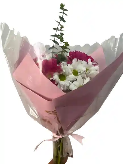 🌸 Bouquet Rosado Con Gerberas, Margaritas Y Eucalipto
