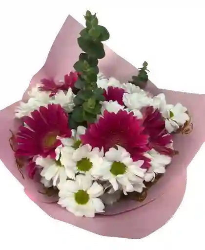 🌸 Bouquet Rosado Con Gerberas, Margaritas Y Eucalipto
