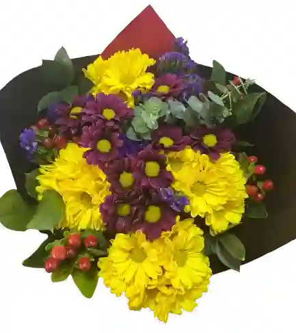 🌻 Bouquet Amarillo Y Morado Con Follaje Exótico