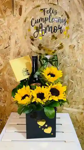 Caja Sorpresa Con Girasoles , Bebida Y Globo