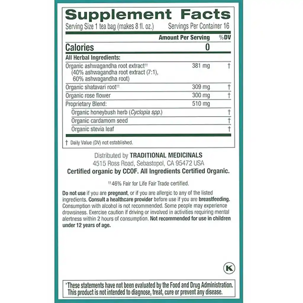 Té Orgánico Traditional Medicinals Stress Ease Con Ashwagandha Y Honeybush – Relajación Natural- 0.85 Oz 24g