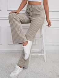 Pantalones De Canalé De Punto De Cintura Alta, S Pantaloneunicolor De Cintura Con Nudo Tejido De Canalé