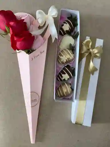 Combo Sencillo Rosas Más Fresas Cubiertas Con Chocolate
