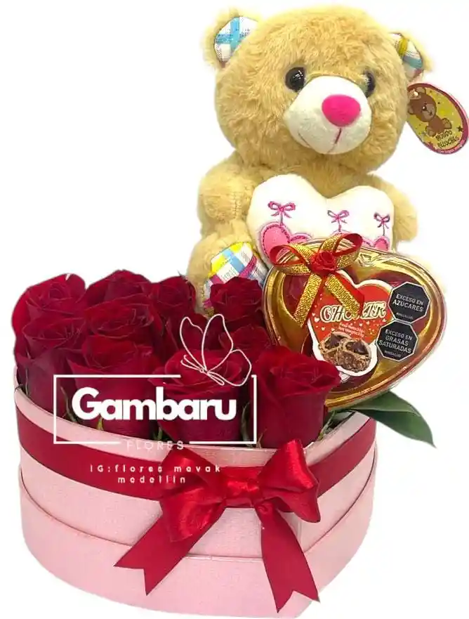 Flores Rosas Rojas, Peluche Y Chocolate.