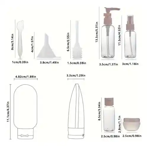 Kit Viaje Con 11 Botellas Rellenables Para Cuidado Personal