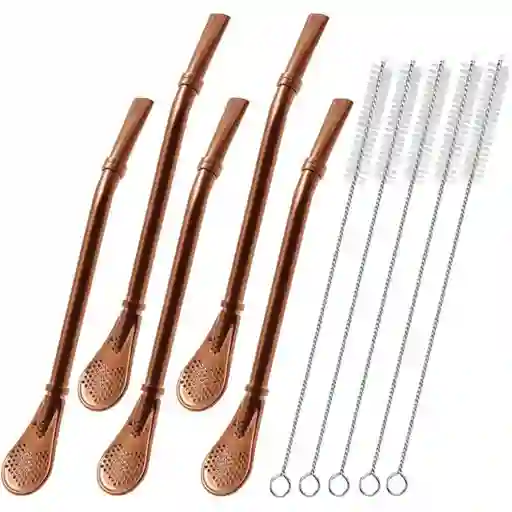 Bombilla Filtro De Acero Inoxidable Rose Gold X5 | Cuchara Colador Para Yerba Mate Y Té Suelto Con Cepillo De Limpieza