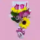 Bouquet Mini De Rosas Rosada Y Mini Girasol