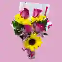 Bouquet Mini De Rosas Rosada Y Mini Girasol