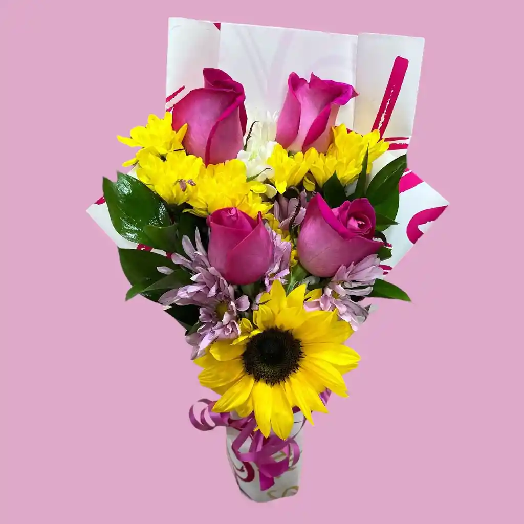 Bouquet Mini De Rosas Rosada Y Mini Girasol