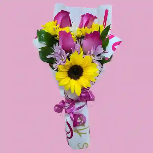 Bouquet Mini De Rosas Rosada Y Mini Girasol
