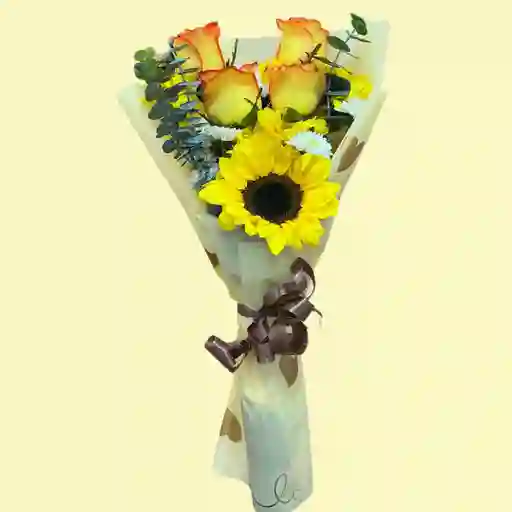 Bouquet Mini De Rosas Amarillas Y Mini Girasol
