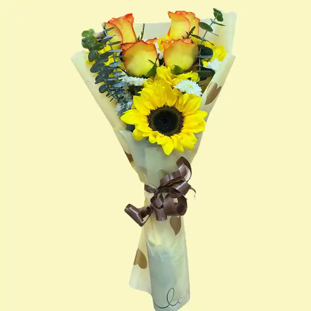 Bouquet Mini De Rosas Amarillas Y Mini Girasol