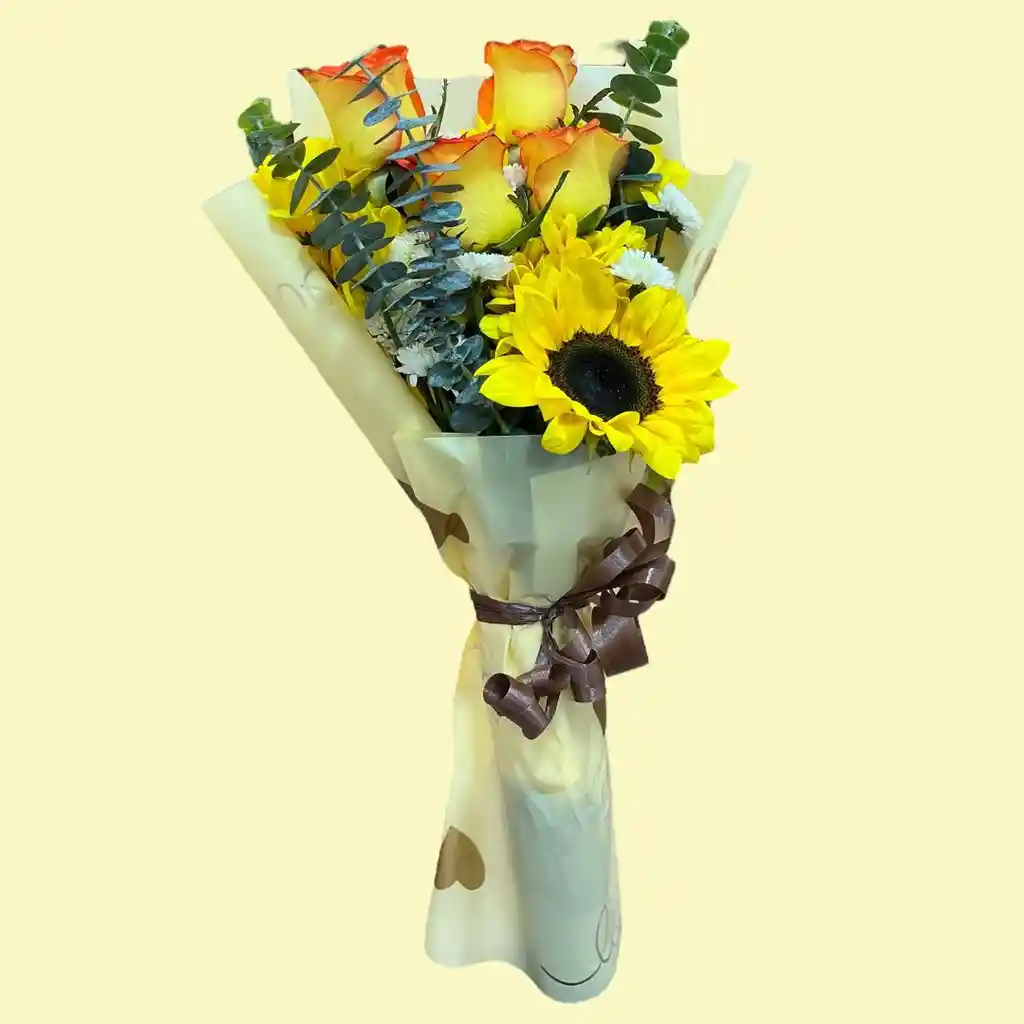 Bouquet Mini De Rosas Amarillas Y Mini Girasol