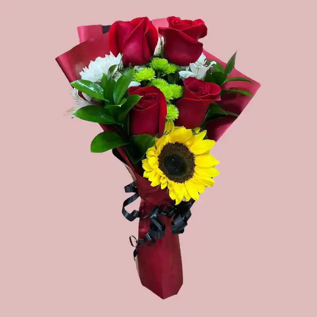 Bouquet Mini De Rosas Rojas Y Mini Girasol