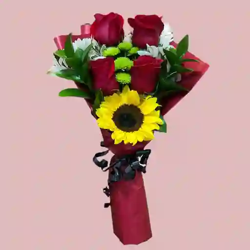Bouquet Mini De Rosas Rojas Y Mini Girasol
