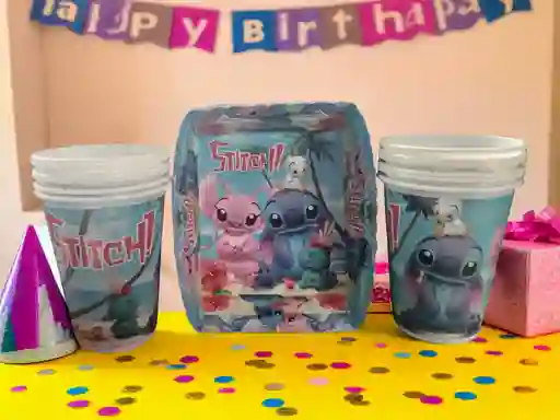 Set De Fiesta Stitch & Angel 12 Vasos + 12 Torteros Con Diseño Tierno Y Colorido