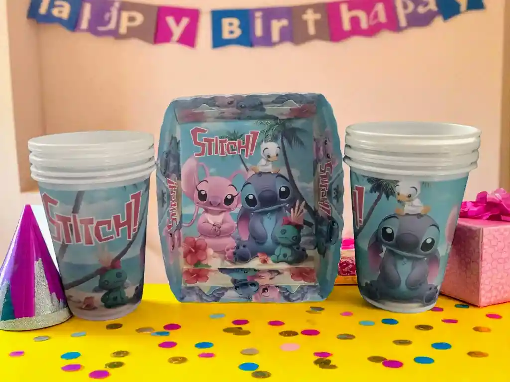 Set De Fiesta Stitch & Angel 12 Vasos + 12 Torteros Con Diseño Tierno Y Colorido