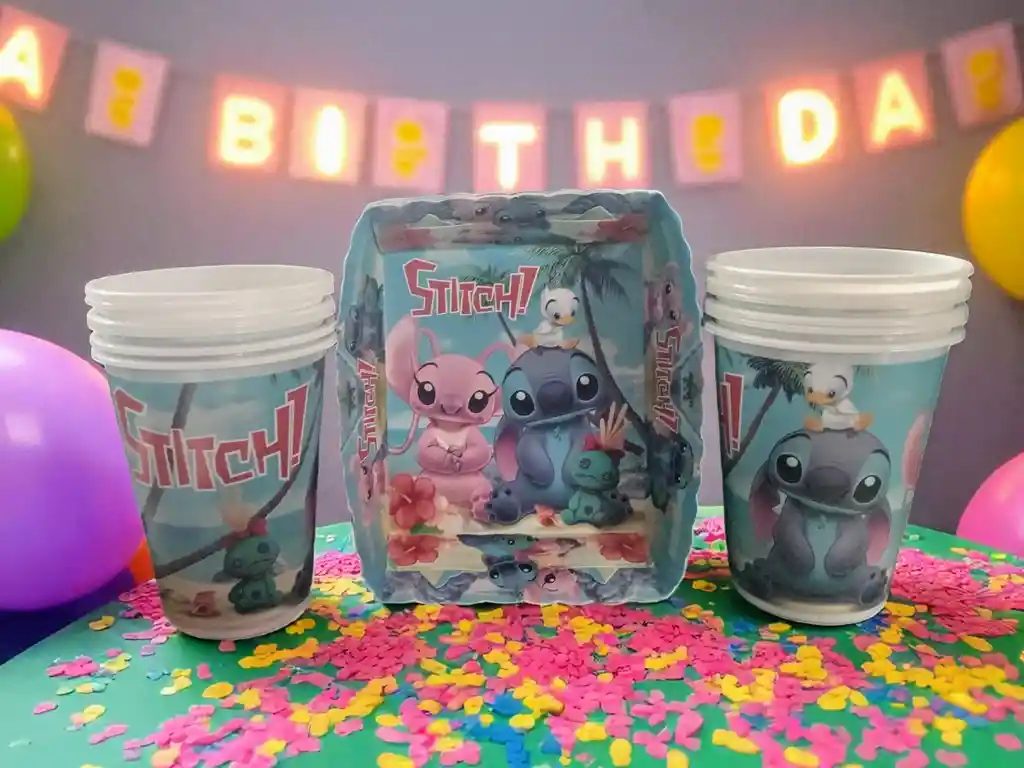 Set De Fiesta Stitch & Angel 12 Vasos + 12 Torteros Con Diseño Tierno Y Colorido