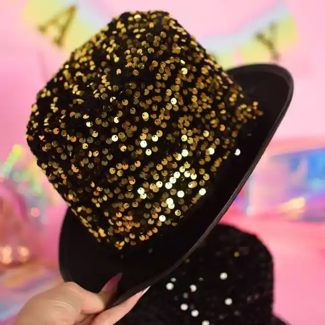 Sombrero Copa Alta Con Lentejuelas Dorado