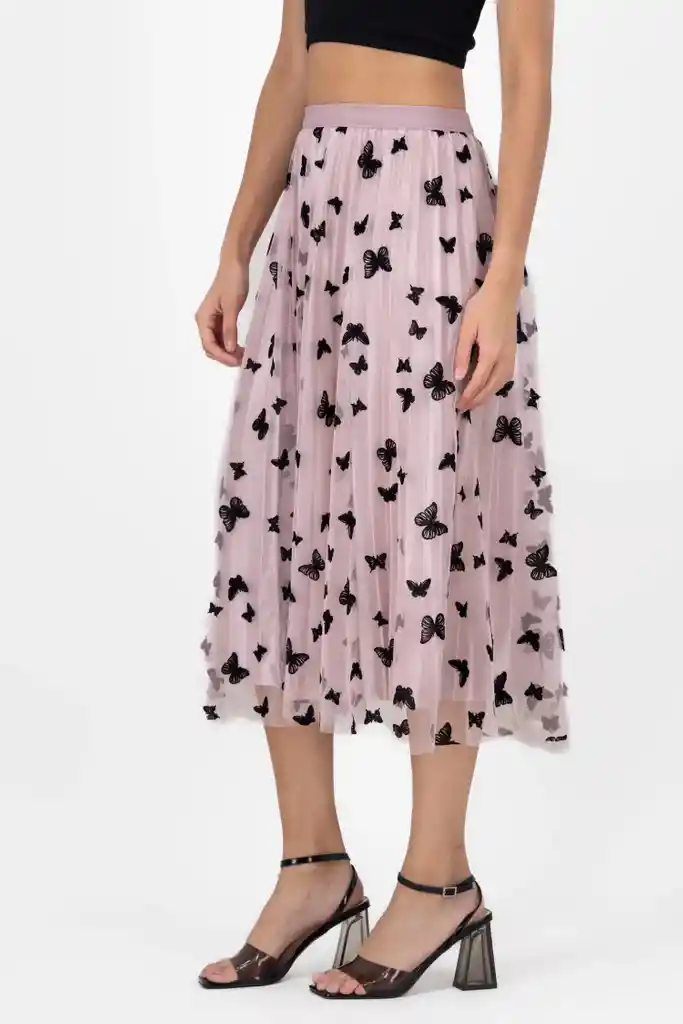 Falda Midi De Tul Con Malla Y Diseño De Flores