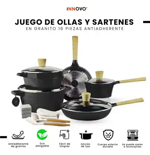 Juego De Ollas Sartenes Granito Antiadherente 16 Piezas Asfe Negro