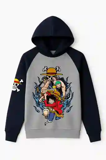 Hoodie Niño One Piece Tipo Ranglan Mangas Azul Oscuro Pecho Gris