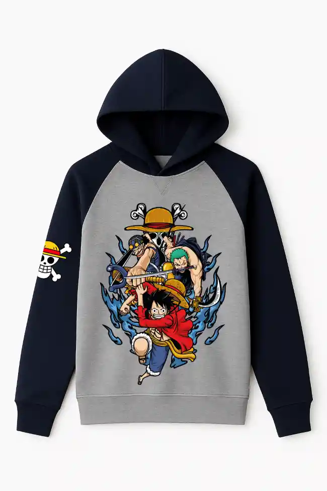 Hoodie Niño One Piece Tipo Ranglan Mangas Azul Oscuro Pecho Gris