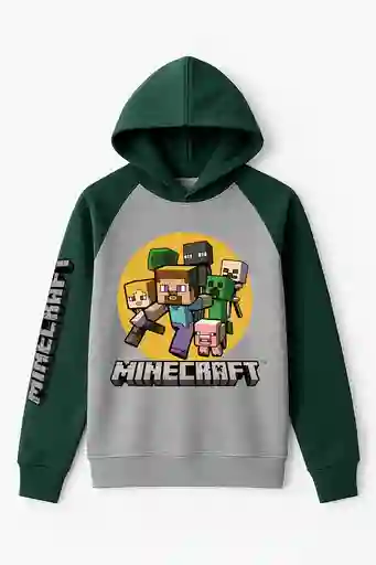 Hoodie Para Niño Minecraft Tipo Ranglan Mangas Verdes Pecho Gris