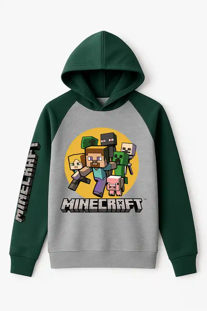 Hoodie Para Niño Minecraft Tipo Ranglan Mangas Verdes Pecho Gris