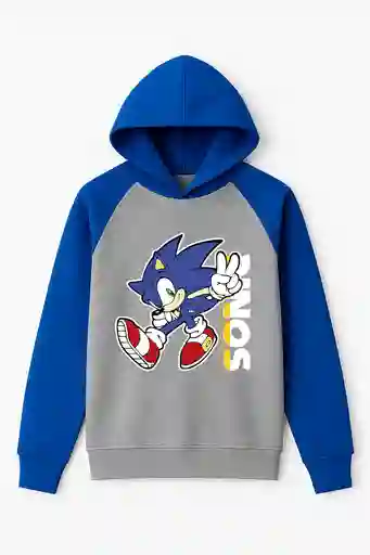 Hoodie Para Niño Sonic Tipo Ranglan Mangas Azul Rey Pecho Gris