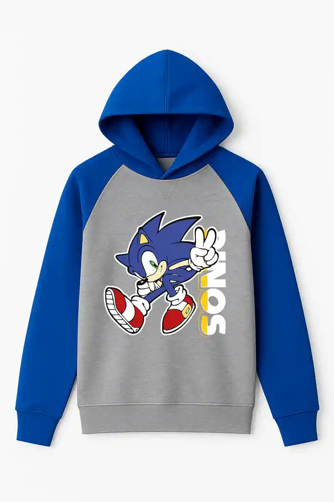 Hoodie Para Niño Sonic Tipo Ranglan Mangas Azul Rey Pecho Gris